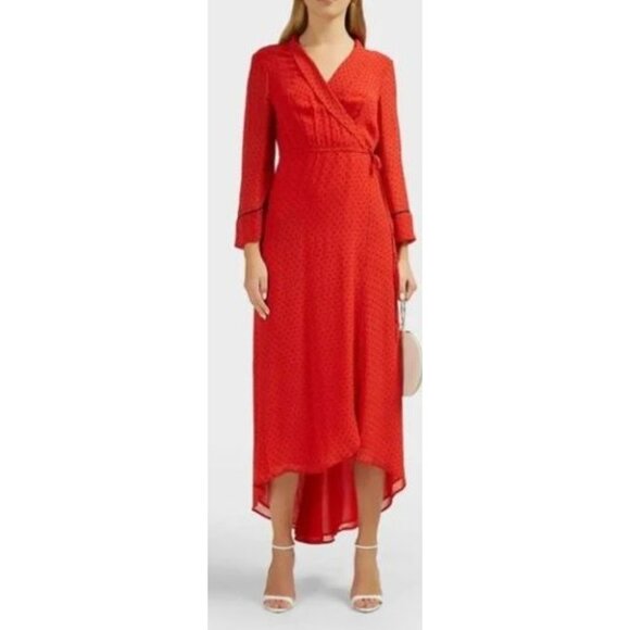 Ganni Sz 4 Small Red Polka Dot Wrap Maxi Dress High-Low NWT - Picture 1 of 9